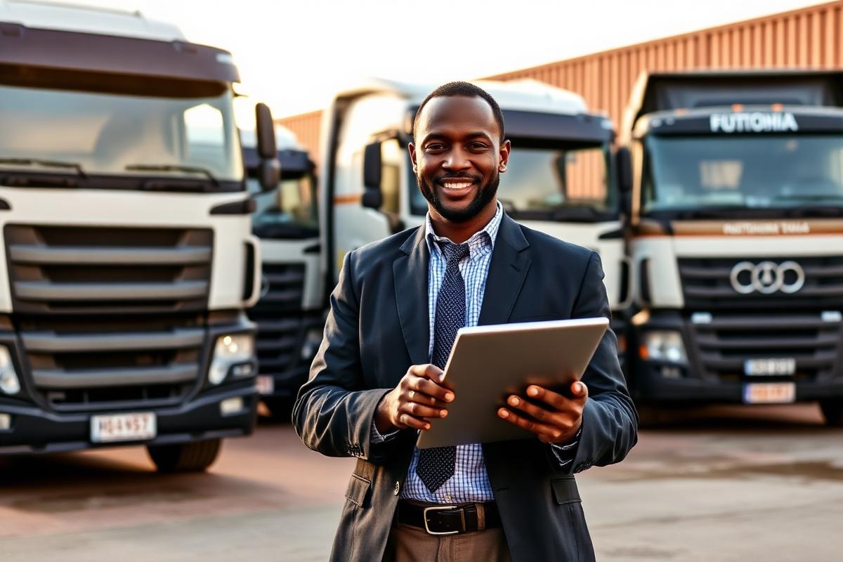 Responsable logistique OUWA devant des camions stationnés
